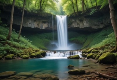 Majestic waterfall cascading into a tranquil pool