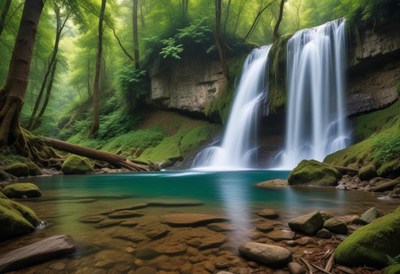 Serene waterfall surrounded by lush greenery in nature
