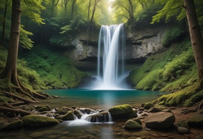 Majestic waterfall surrounded by lush forest greenery