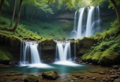 Majestic waterfalls surrounded by lush greenery