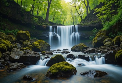 Majestic waterfall surrounded by lush greenery in nature