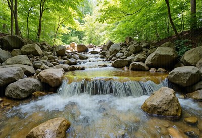Tranquil stream flows through rocky forest