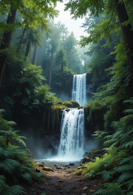 Majestic waterfalls flow through lush forest greenery