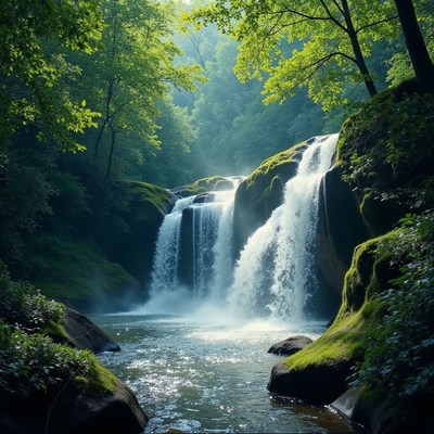 Majestic waterfall cascading through lush forest scenery