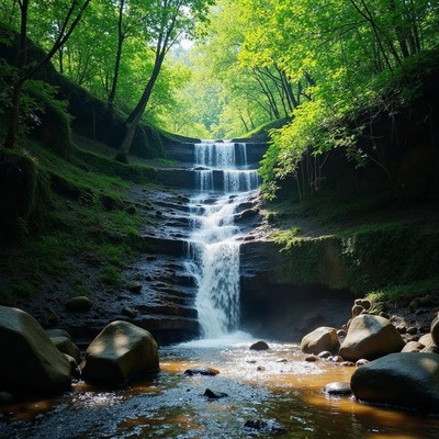 Waterfall cascading through lush green forest landscape