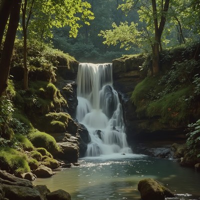 Waterfall cascades in serene forest setting