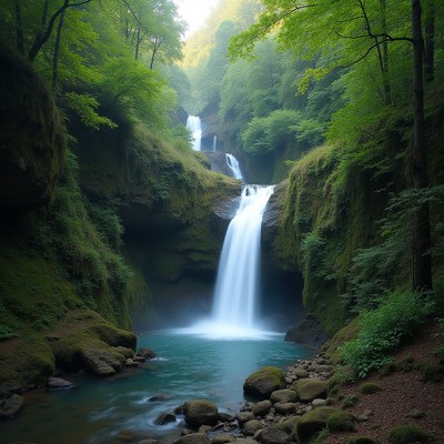 Majestic waterfalls cascading in a lush green forest