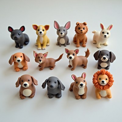 Colorful animal figurines arranged on a white background
