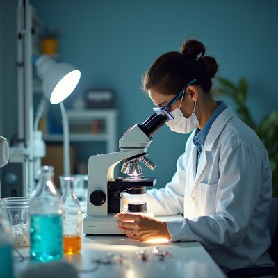 Scientist examining samples with microscope in laboratory