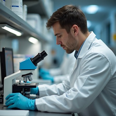 Scientist using microscope in modern laboratory setting