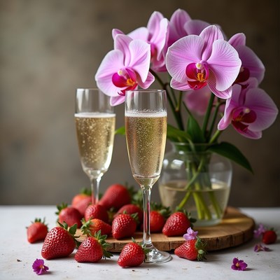 Celebration with champagne and fresh strawberries