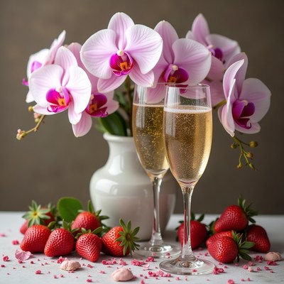 Celebration with sparkling drinks and fresh strawberries
