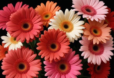 Colorful gerbera daisies arranged in a vibrant display