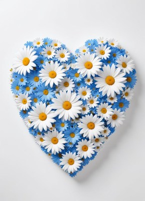 Colorful heart shape made of daisies and blue flowers