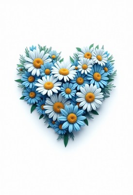 Heart-shaped arrangement of daisies in blue and white