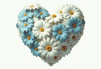 Heart shaped arrangement of blue and white flowers