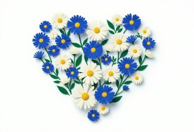 Flowers arranged in a heart shape on a white background