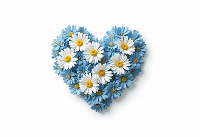 Heart shape made of blue and white flowers in springtime