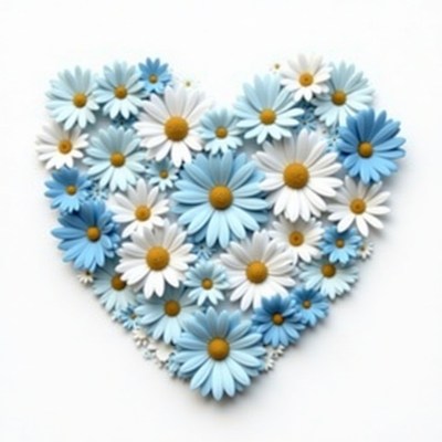 Heart-shaped arrangement of blue and white flowers