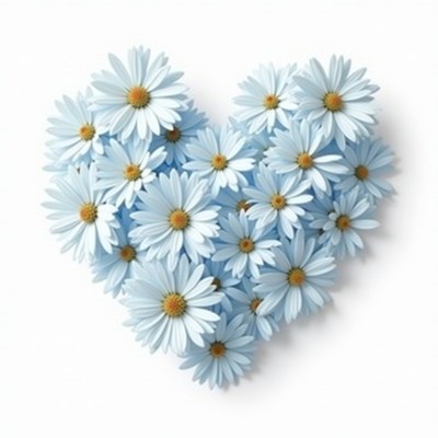 Heart shape made of blue daisies surrounded by white space