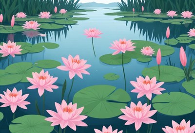 Beautiful pink water lilies bloom in a serene pond