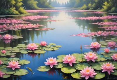 Tranquil lake with blooming lotus flowers at dawn