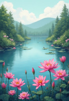 Calm lake with blooming lotus flowers in serene nature
