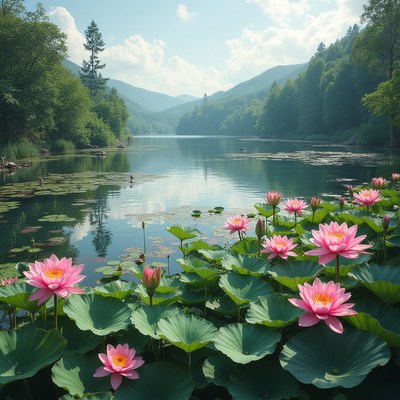 Blossoming lotus flowers in serene mountain lake setting