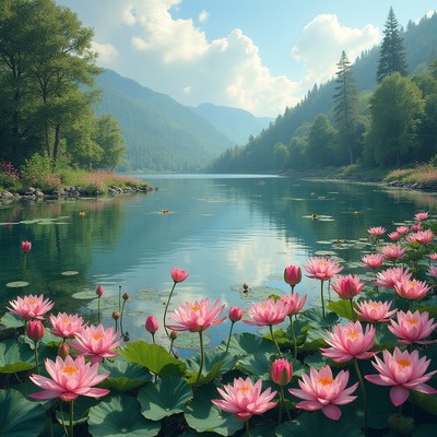 Serene lake surrounded by blooming lotus flowers in summer