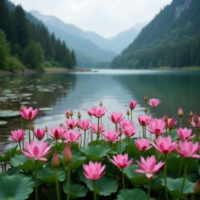 Beautiful pink lotus flowers by tranquil mountain lake