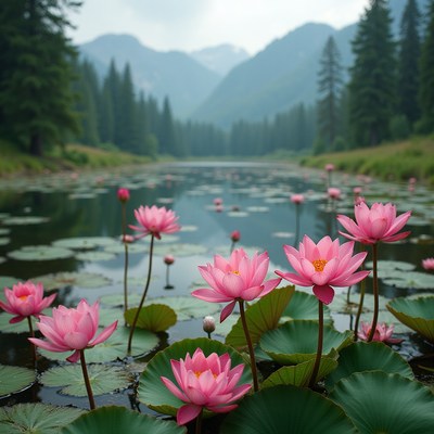 Pink lotus flowers bloom on a tranquil mountain lake