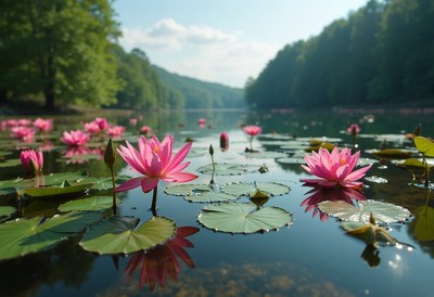 Lotus flowers blooming on a calm lake in springtime