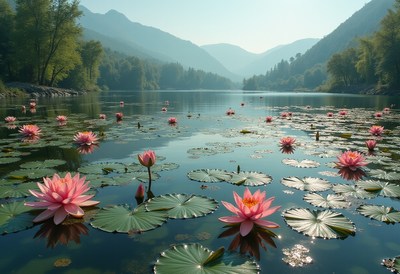 Serene lake with blooming lotus flowers in the mountains