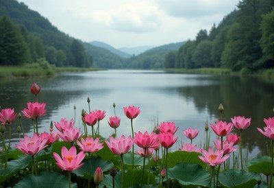 Beautiful lotus flowers bloom by tranquil lake