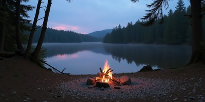 Campfire by tranquil lake at twilight in the forest