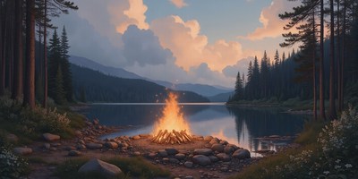 Campfire by the serene lake at dusk in a forest