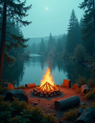 Warm campfire by the serene lake during twilight hours