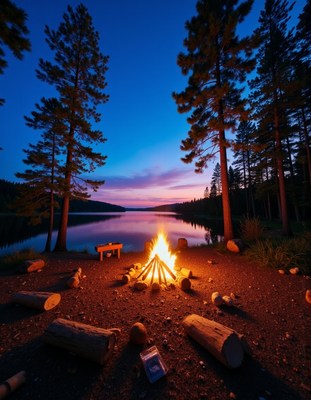 Campfire glowing by the lake at twilight hour