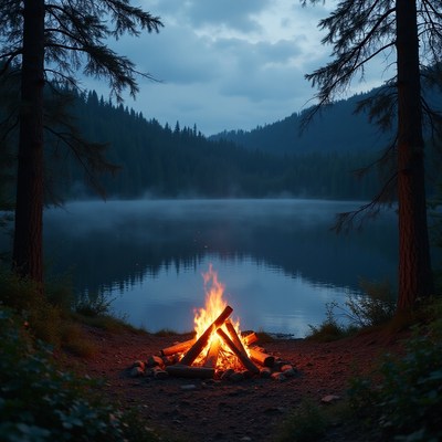 Campfire by the lake during a tranquil evening