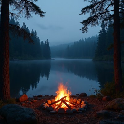 Cozy campfire by the tranquil lake at dusk