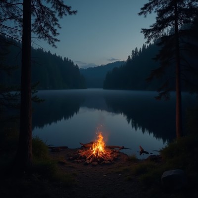 Campfire by peaceful lake at twilight under the stars