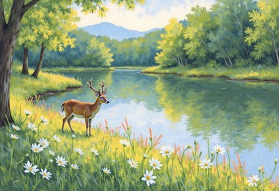 Serene deer by tranquil river during sunny afternoon