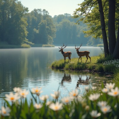 Two deer grazing by a tranquil lake at sunrise
