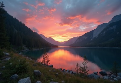 Vibrant sunset reflection over tranquil mountain lake