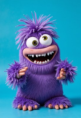 Colorful purple creature with big smile and fluffy fur