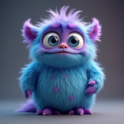 Cute blue monster character with pink accents in studio