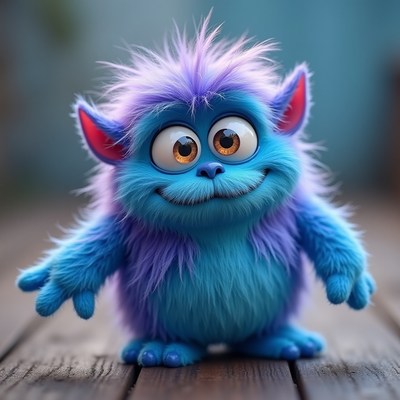 Cute blue fuzzy creature with purple hair in playful pose