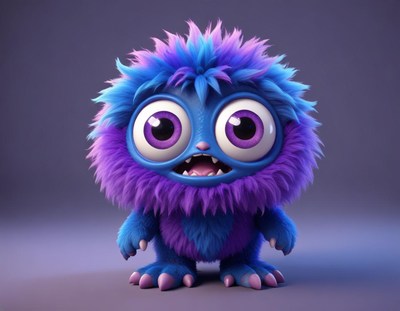 Colorful furry monster character with big eyes stands out