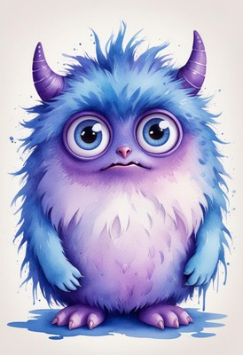 Cute blue and purple monster with big eyes stands still