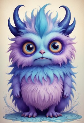 Cute fantasy creature with blue and purple fur standing tall